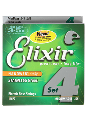 Elixir 14677 Nanoweb Electric Bass Strings Stainless Steel Medium 엘릭서 나노웹 스테인리스 미디엄 롱스케일 4현 베이스줄 (045-105 국내정식수입품)